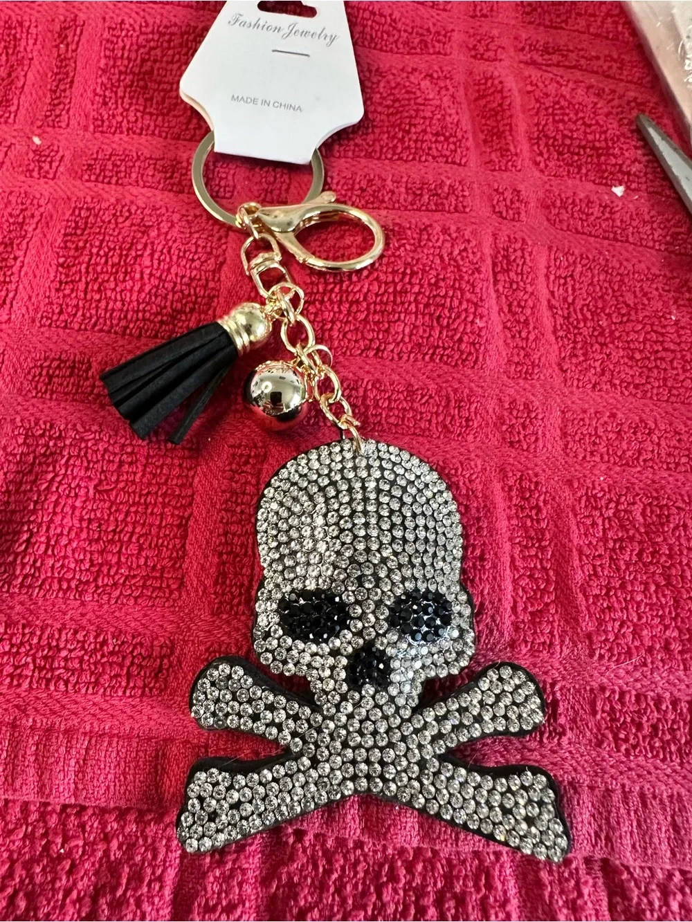 Rhinestone Skull & Crossbones Keychain Bag Charm - Black